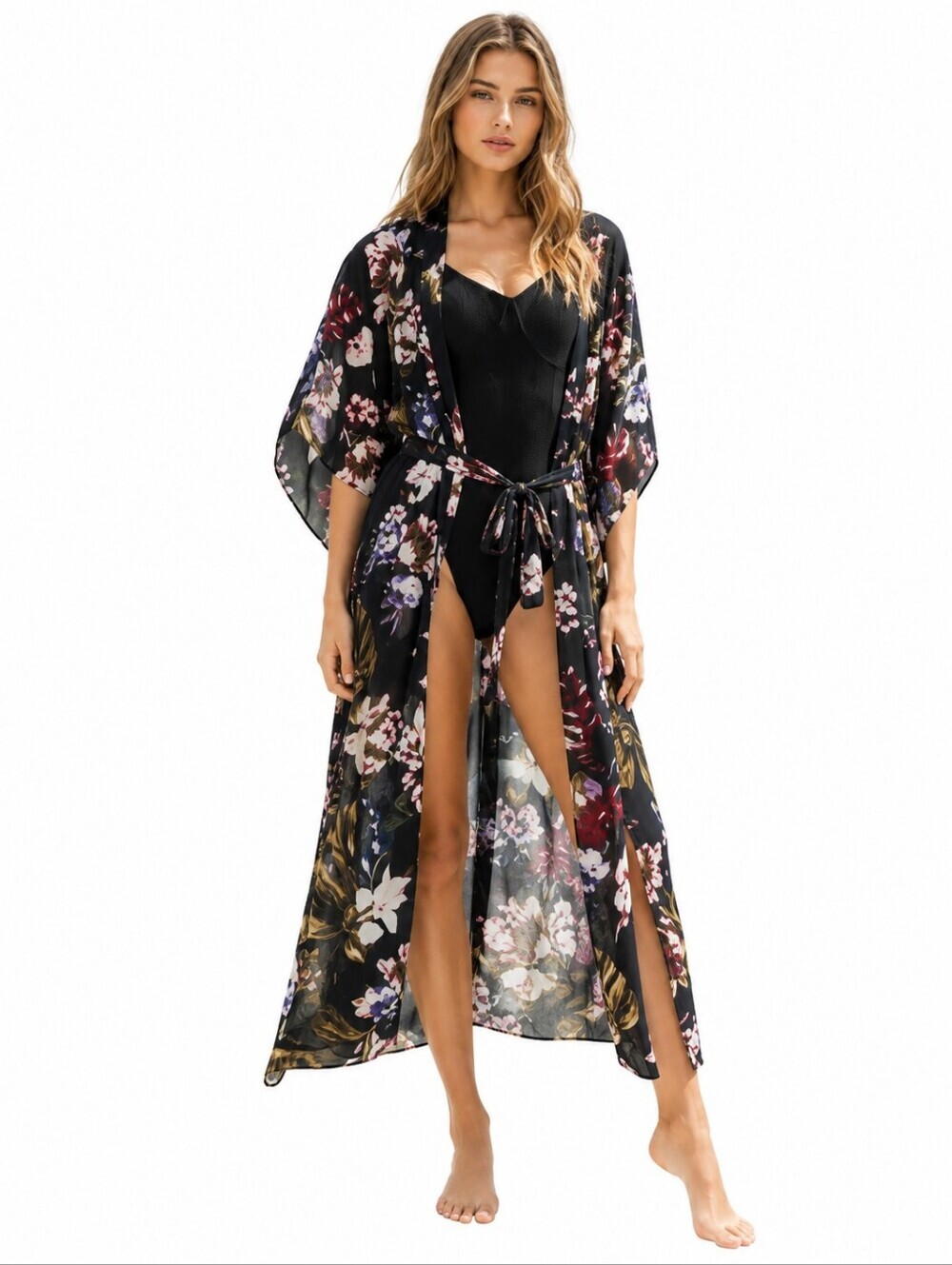 Walter Baker Tulum Caftan OS Black Floral Sheer Kimono Swim Cover Up